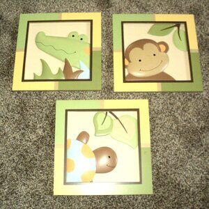 Set of 3 Papagayo by Lambs & Ivy Pictures Alligator, Turtle and Monkey Decor